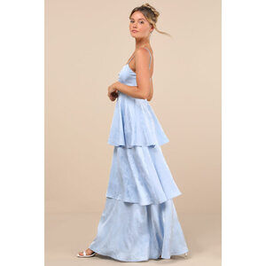 Lulus Prigette Light Blue Jacquard Tiered Maxi Dress - Size S